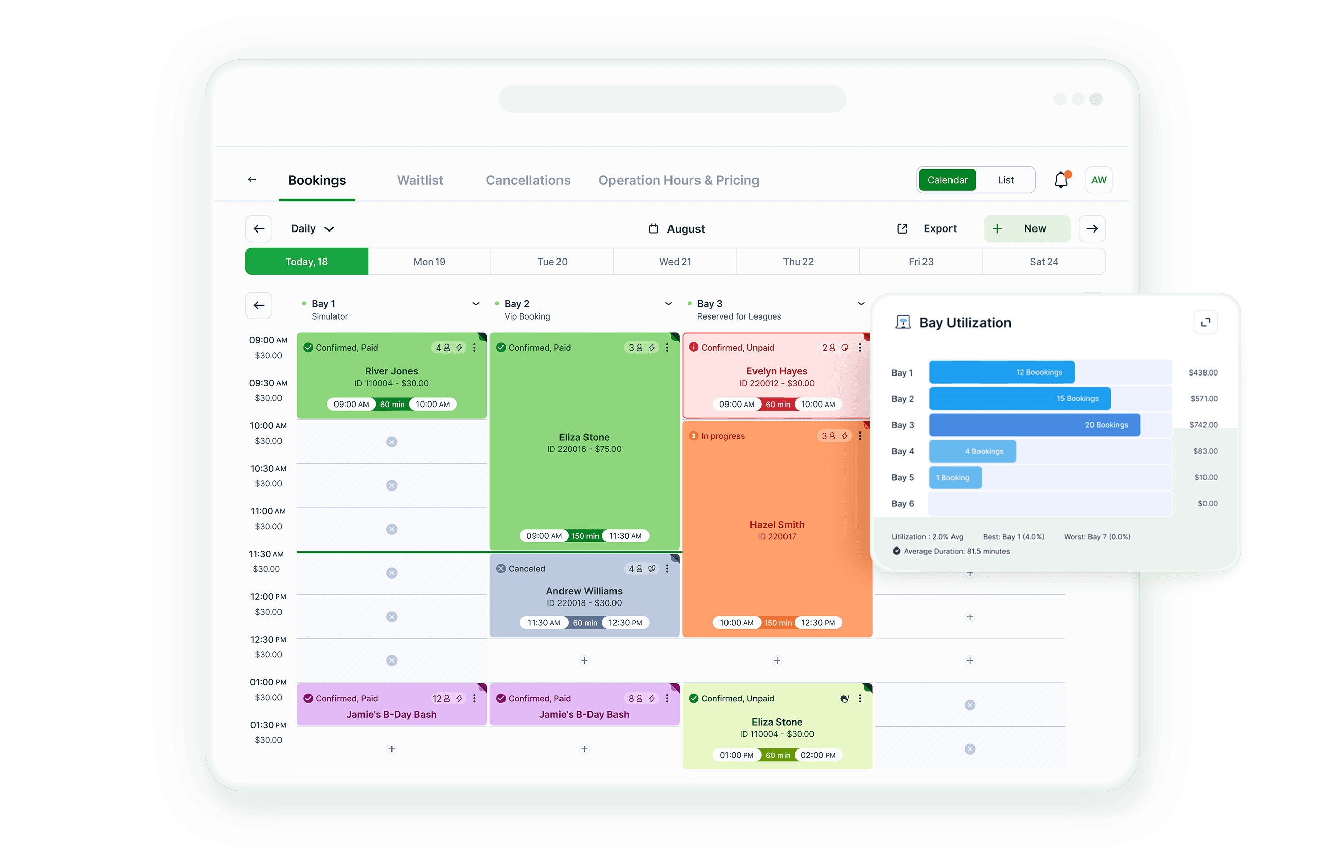 Simulator Venues booking dashboard